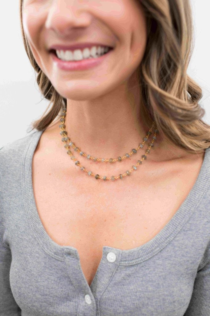 Long Labradorite 5-6mm Rondelle Gemstone Beaded Necklace