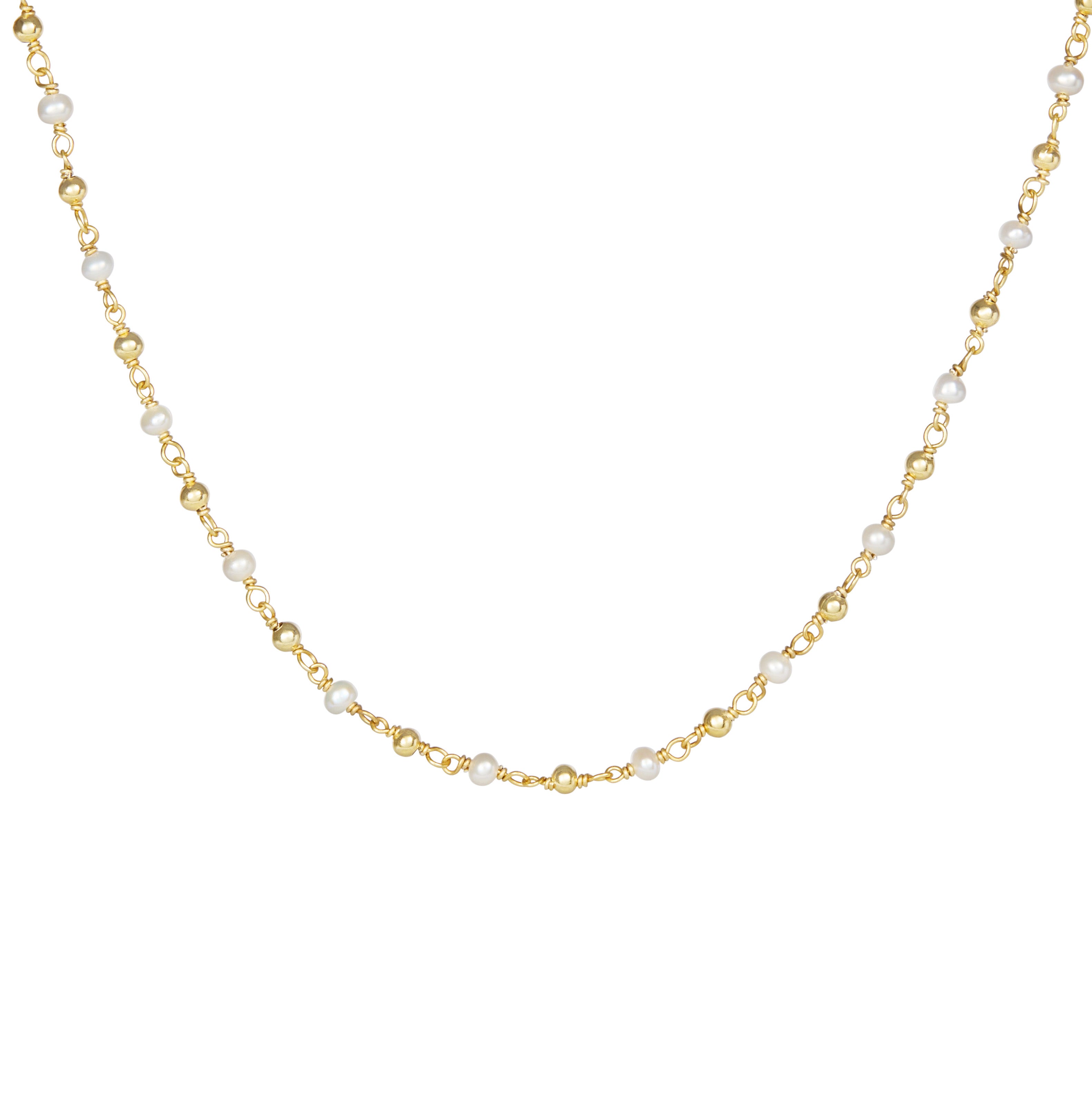Pearl and Golden Ball 3-4mm Round Beaded Gemstone Choker Necklace